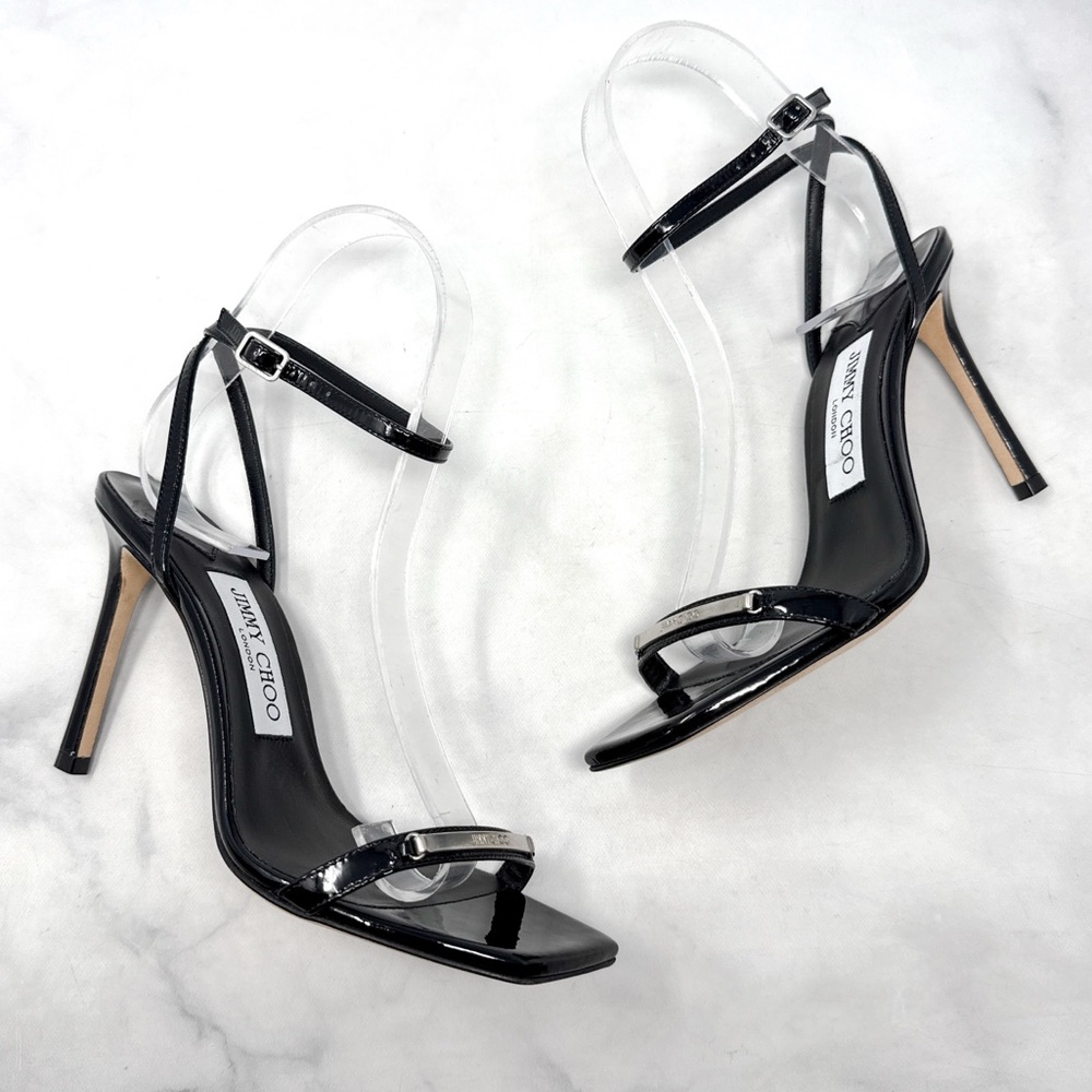 NEW Jimmy Choo Jaxon 95 Patent Leather Metal Logo Bar Square Toe Sandal Heels